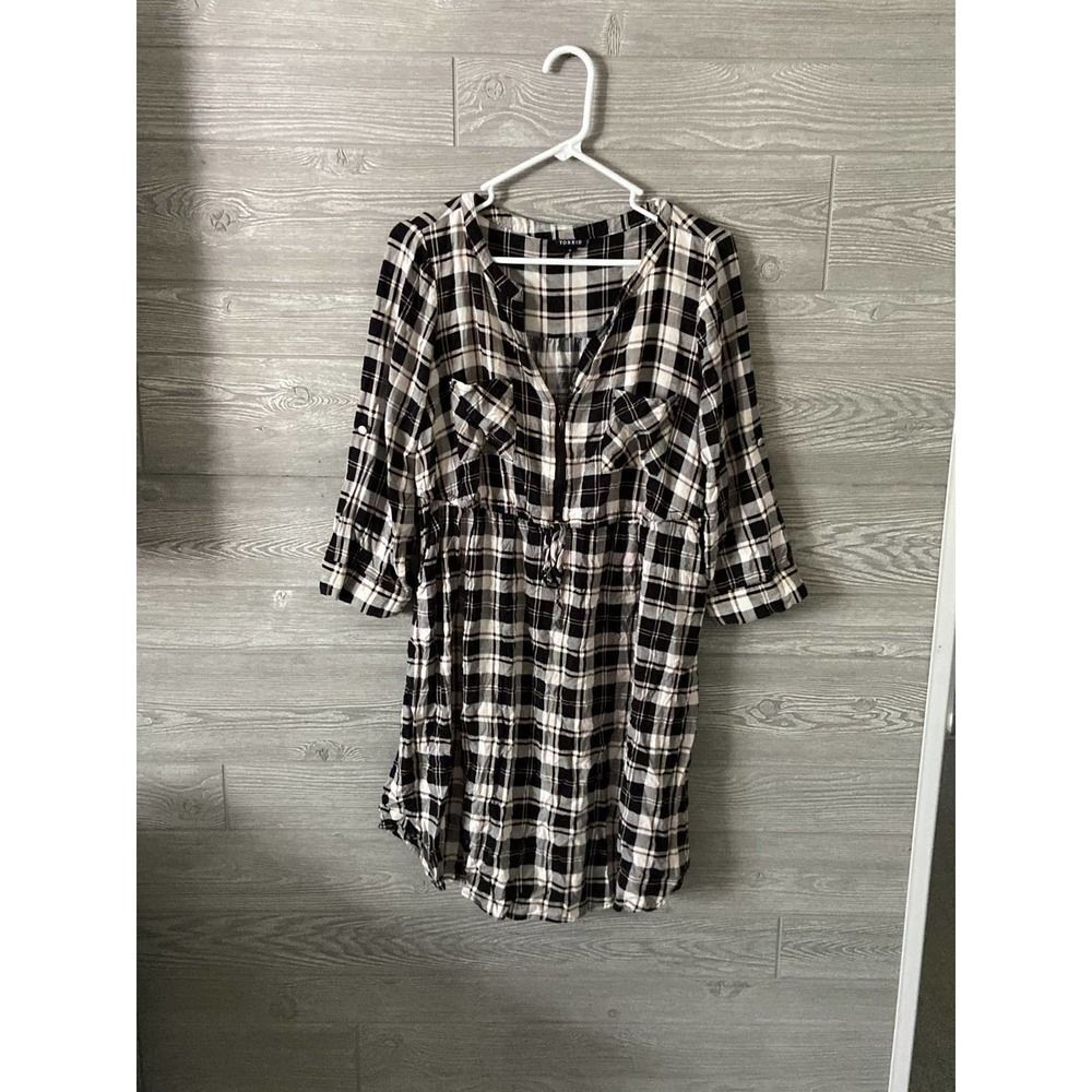 Torrid Black White Plaid Shirtdress Zip Front Drawstring Waist 0‎